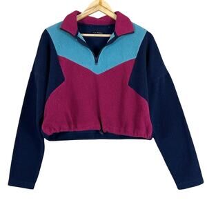 LA Hearts Fleece Pullover Womens S Colorblock Navy Pink Blue Crop 90s Retro
